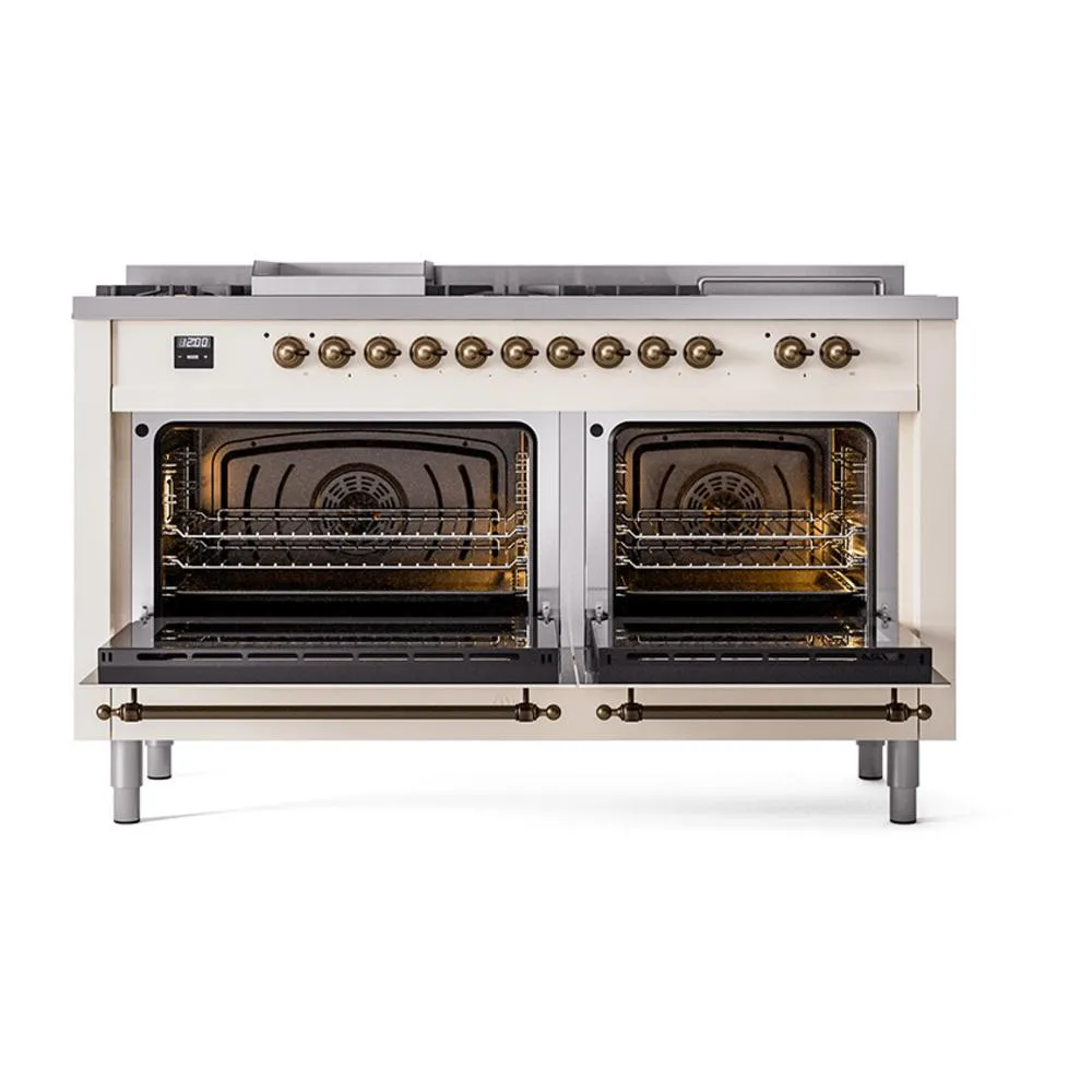 Ilve UN60FSNMPAWBLP Ilve Un60Fsnmpawblp Nostalgie Ii Noblesse 60" Dual Fuel Range (7 Sealed Burners   Griddle   French Top, Liquid Propane, Triple Glass Door, Antique White, Burnished)