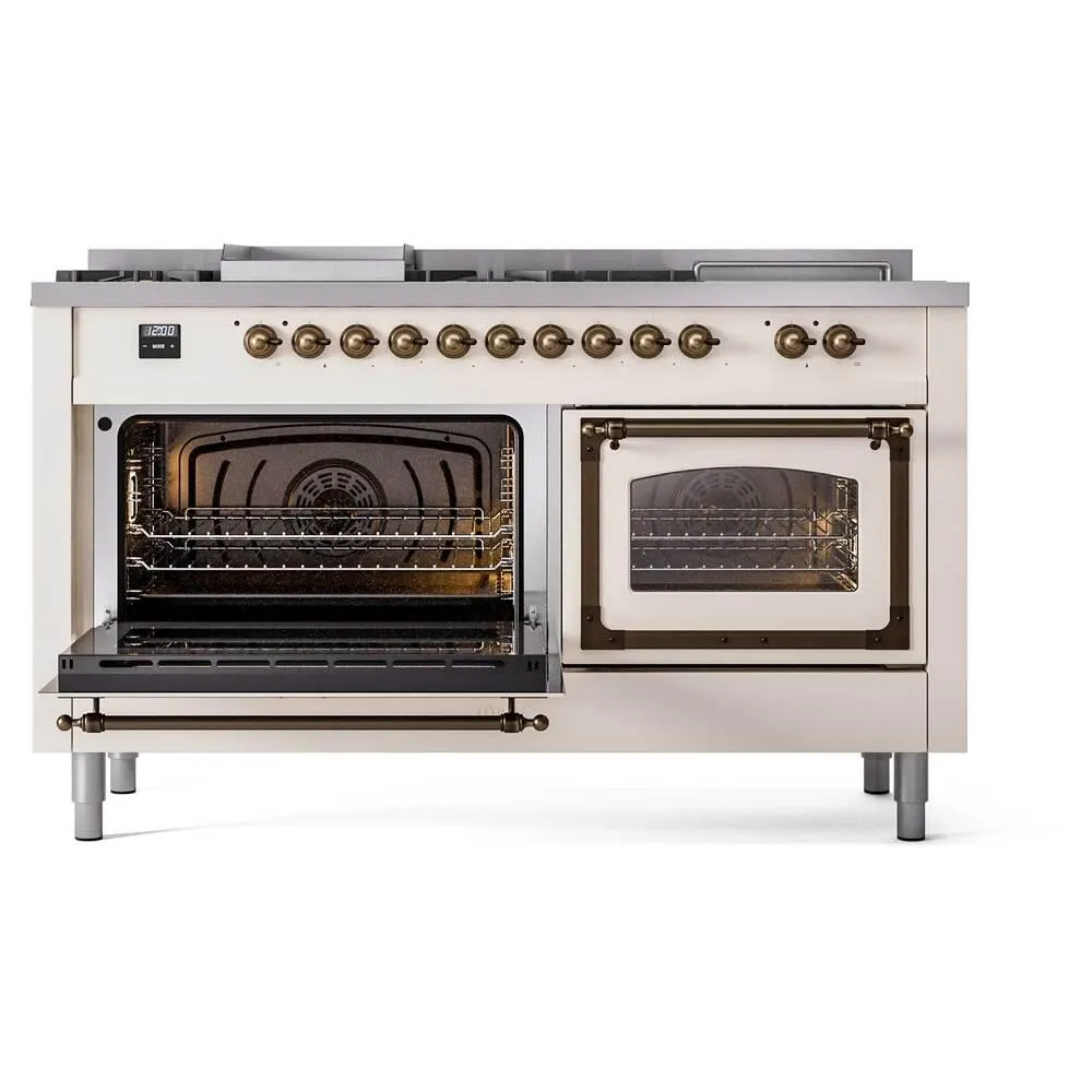 Ilve UN60FSNMPAWBLP Ilve Un60Fsnmpawblp Nostalgie Ii Noblesse 60" Dual Fuel Range (7 Sealed Burners   Griddle   French Top, Liquid Propane, Triple Glass Door, Antique White, Burnished)