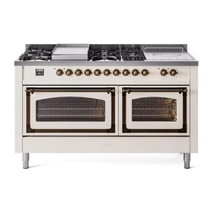 Ilve UN60FSNMPAWBLP Ilve Un60Fsnmpawblp Nostalgie Ii Noblesse 60" Dual Fuel Range (7 Sealed Burners   Griddle   French Top, Liquid Propane, Triple Glass Door, Antique White, Burnished)