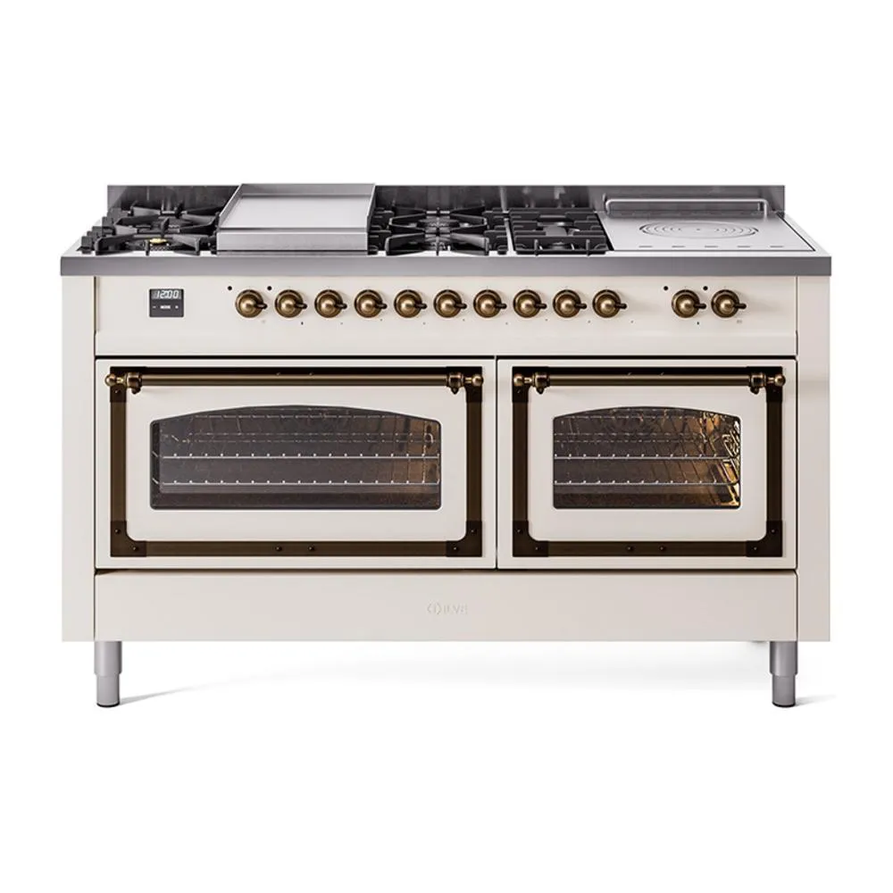 Ilve UN60FSNMPAWBLP Ilve Un60Fsnmpawblp Nostalgie Ii Noblesse 60" Dual Fuel Range (7 Sealed Burners   Griddle   French Top, Liquid Propane, Triple Glass Door, Antique White, Burnished)