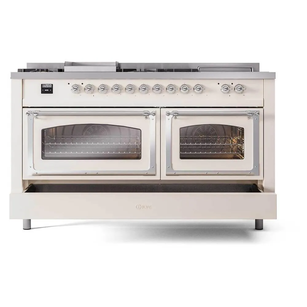Ilve UN60FSNMPAWC Ilve Un60Fsnmpawc Nostalgie Ii Noblesse 60" Dual Fuel Range (7 Sealed Burners   Griddle   French Top, Natural Gas, Triple Glass Door, Antique White, Chrome)