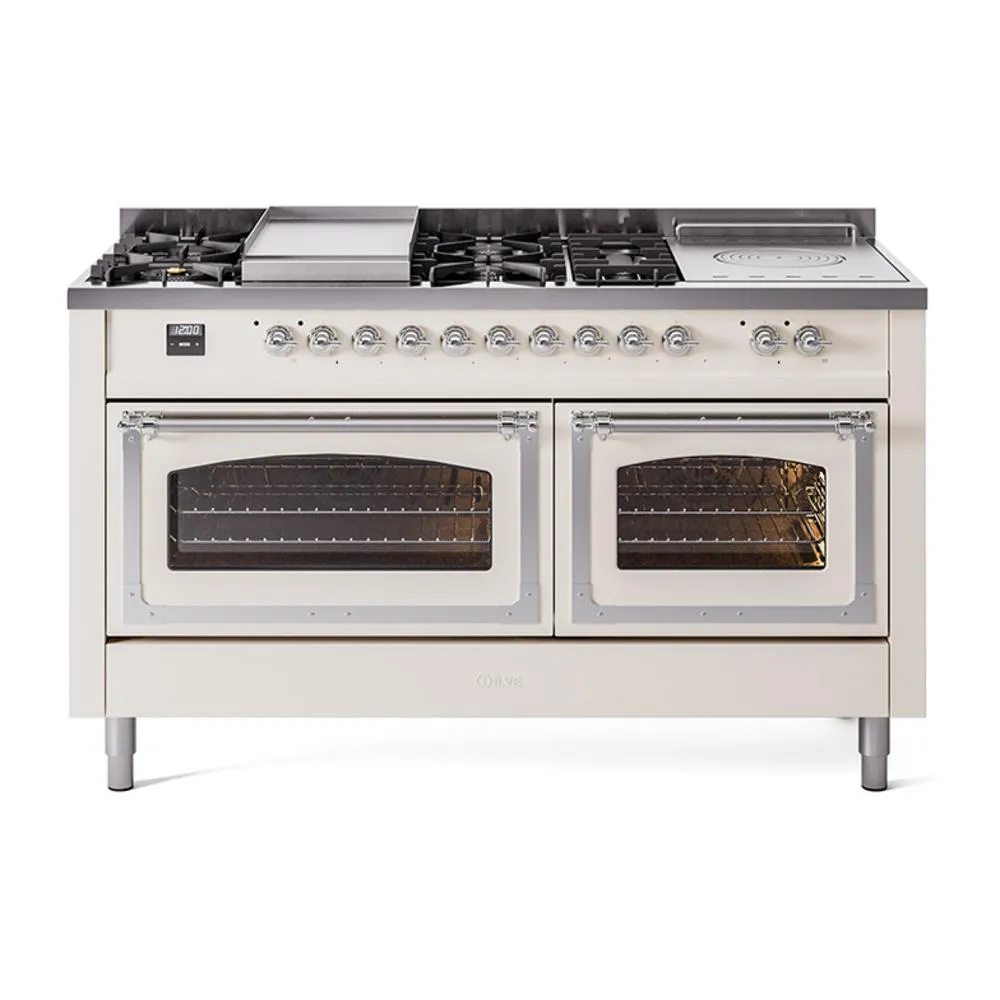 Ilve UN60FSNMPAWC Ilve Un60Fsnmpawc Nostalgie Ii Noblesse 60" Dual Fuel Range (7 Sealed Burners   Griddle   French Top, Natural Gas, Triple Glass Door, Antique White, Chrome)