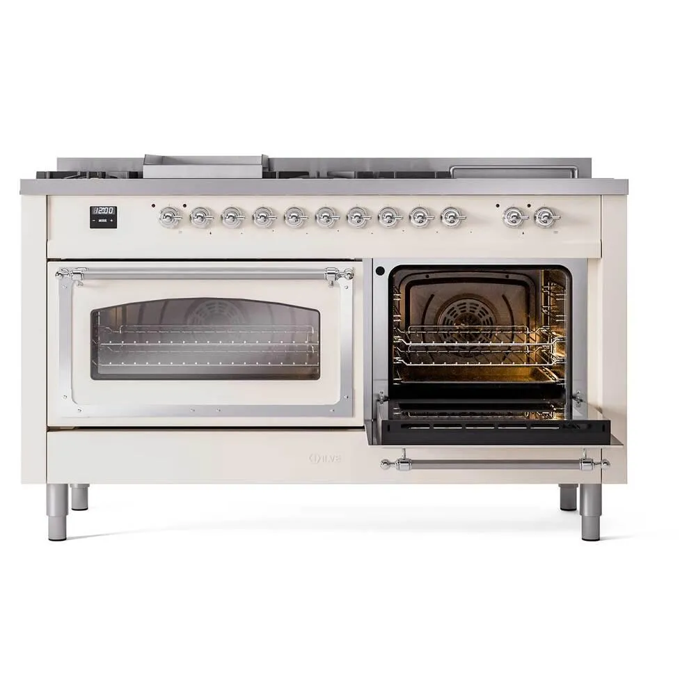 Ilve UN60FSNMPAWC Ilve Un60Fsnmpawc Nostalgie Ii Noblesse 60" Dual Fuel Range (7 Sealed Burners   Griddle   French Top, Natural Gas, Triple Glass Door, Antique White, Chrome)