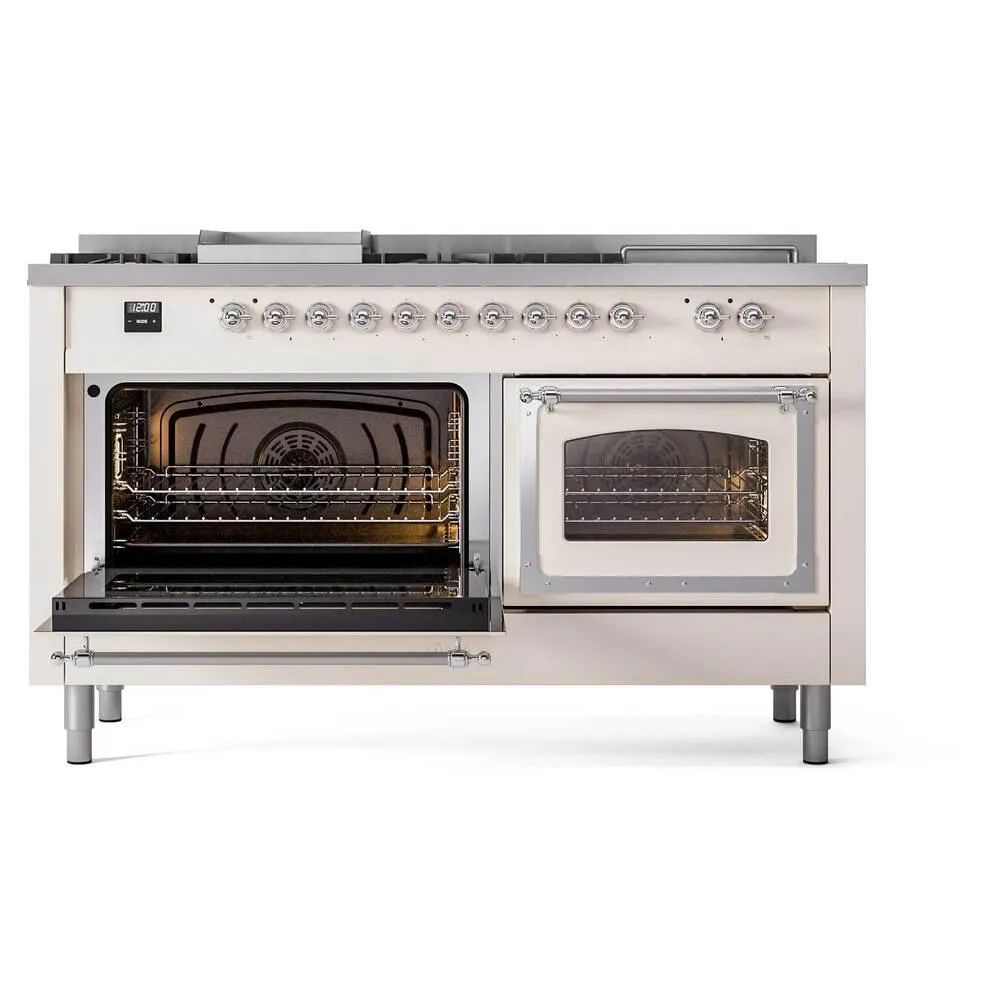 Ilve UN60FSNMPAWC Ilve Un60Fsnmpawc Nostalgie Ii Noblesse 60" Dual Fuel Range (7 Sealed Burners   Griddle   French Top, Natural Gas, Triple Glass Door, Antique White, Chrome)