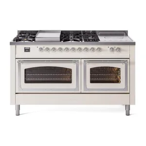 Ilve UN60FSNMPAWC Ilve Un60Fsnmpawc Nostalgie Ii Noblesse 60" Dual Fuel Range (7 Sealed Burners   Griddle   French Top, Natural Gas, Triple Glass Door, Antique White, Chrome)