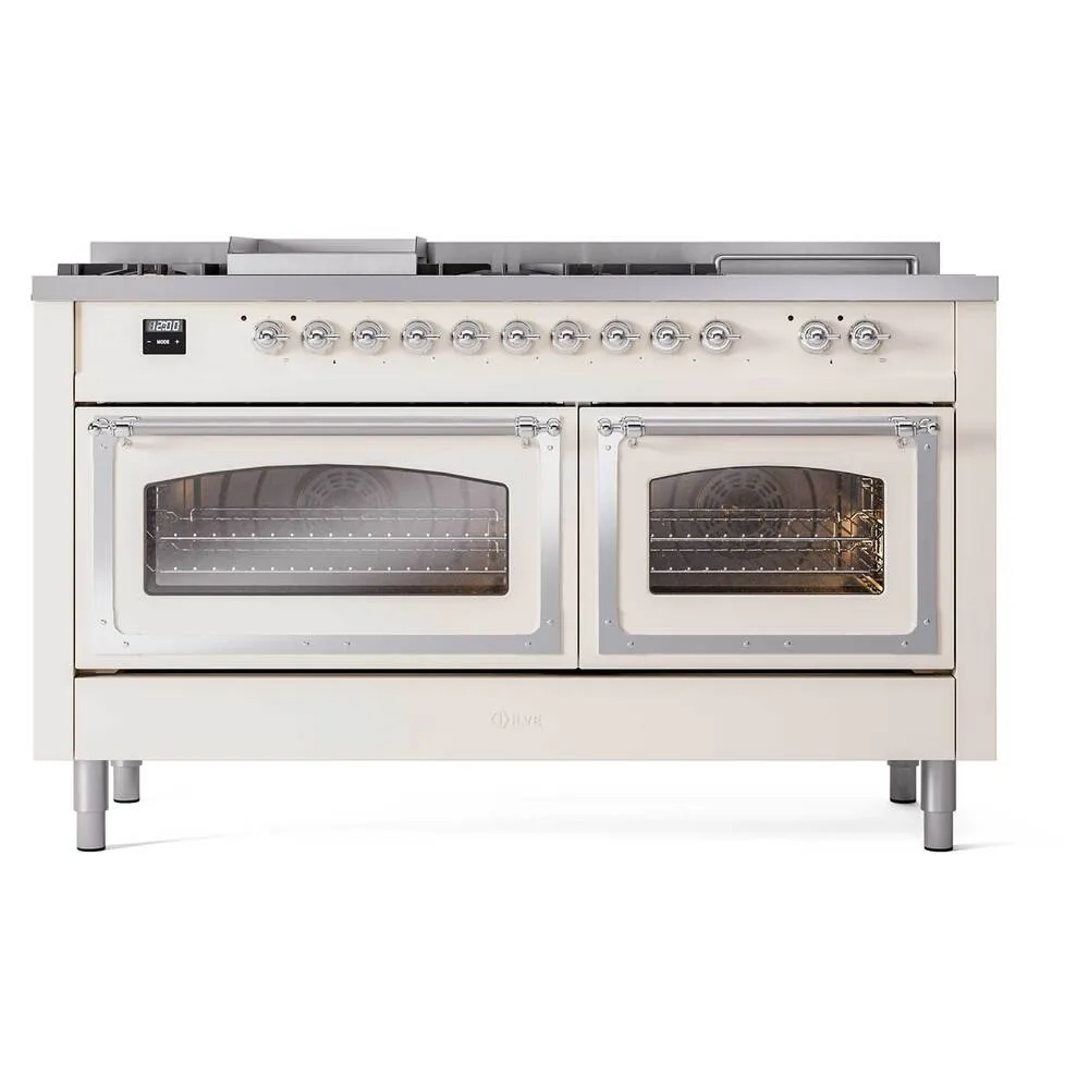 Ilve UN60FSNMPAWC Ilve Un60Fsnmpawc Nostalgie Ii Noblesse 60" Dual Fuel Range (7 Sealed Burners   Griddle   French Top, Natural Gas, Triple Glass Door, Antique White, Chrome)