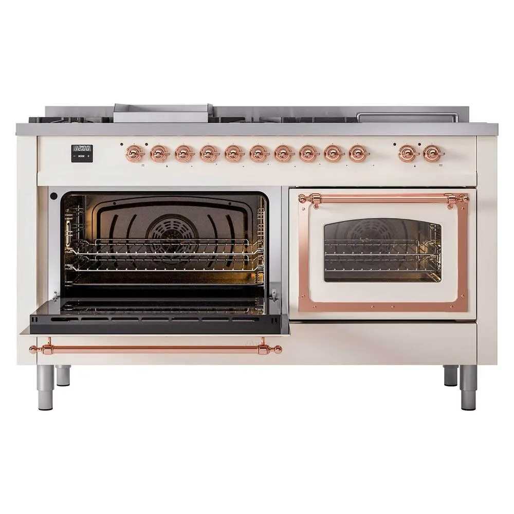 Ilve UN60FSNMPAWP Ilve Un60Fsnmpawp Nostalgie Ii Noblesse 60" Dual Fuel Range (7 Sealed Burners   Griddle   French Top, Natural Gas, Triple Glass Door, Antique White, Copper)