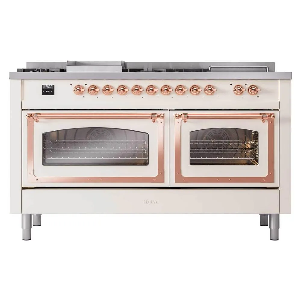 Ilve UN60FSNMPAWP Ilve Un60Fsnmpawp Nostalgie Ii Noblesse 60" Dual Fuel Range (7 Sealed Burners   Griddle   French Top, Natural Gas, Triple Glass Door, Antique White, Copper)