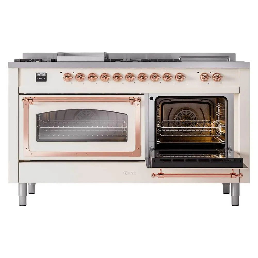 Ilve UN60FSNMPAWP Ilve Un60Fsnmpawp Nostalgie Ii Noblesse 60" Dual Fuel Range (7 Sealed Burners   Griddle   French Top, Natural Gas, Triple Glass Door, Antique White, Copper)