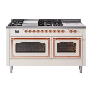 Ilve UN60FSNMPAWP Ilve Un60Fsnmpawp Nostalgie Ii Noblesse 60" Dual Fuel Range (7 Sealed Burners   Griddle   French Top, Natural Gas, Triple Glass Door, Antique White, Copper)