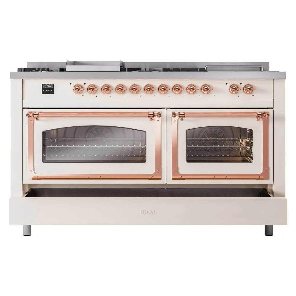 Ilve UN60FSNMPAWP Ilve Un60Fsnmpawp Nostalgie Ii Noblesse 60" Dual Fuel Range (7 Sealed Burners   Griddle   French Top, Natural Gas, Triple Glass Door, Antique White, Copper)