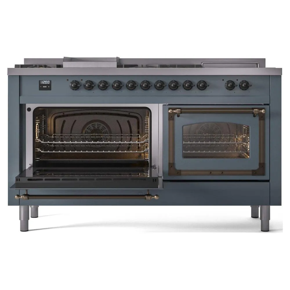 Ilve UN60FSNMPBGBLP Ilve Un60Fsnmpbgblp Nostalgie Ii Noblesse 60" Dual Fuel Range (7 Sealed Burners   Griddle   French Top, Liquid Propane, Triple Glass Door, Blue Grey, Burnished)