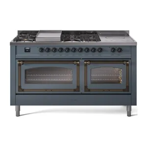 Ilve UN60FSNMPBGBLP Ilve Un60Fsnmpbgblp Nostalgie Ii Noblesse 60" Dual Fuel Range (7 Sealed Burners   Griddle   French Top, Liquid Propane, Triple Glass Door, Blue Grey, Burnished)
