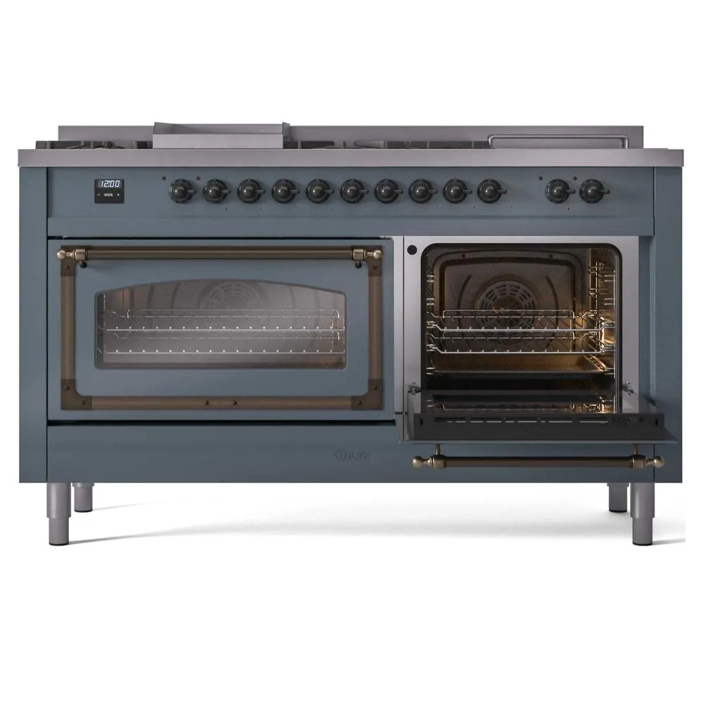 Ilve UN60FSNMPBGBLP Ilve Un60Fsnmpbgblp Nostalgie Ii Noblesse 60" Dual Fuel Range (7 Sealed Burners   Griddle   French Top, Liquid Propane, Triple Glass Door, Blue Grey, Burnished)