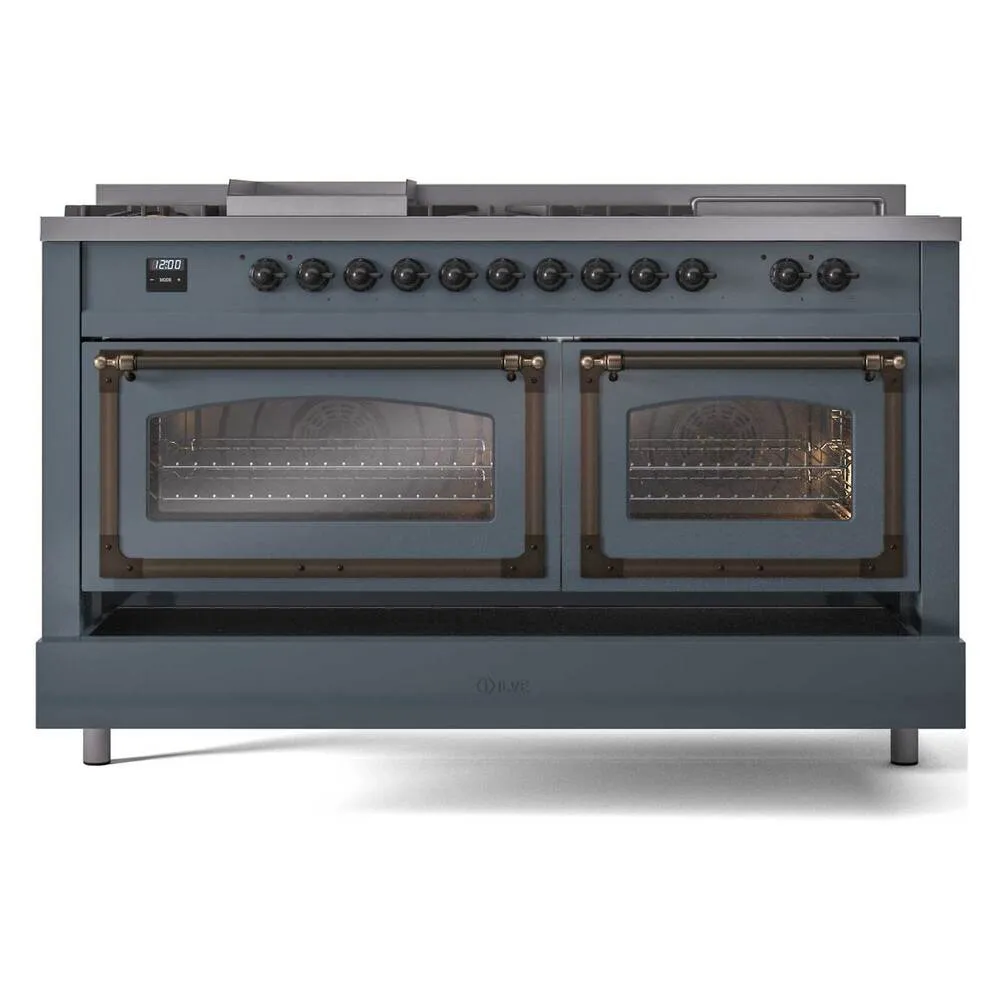 Ilve UN60FSNMPBGBLP Ilve Un60Fsnmpbgblp Nostalgie Ii Noblesse 60" Dual Fuel Range (7 Sealed Burners   Griddle   French Top, Liquid Propane, Triple Glass Door, Blue Grey, Burnished)