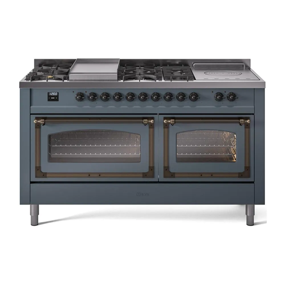 Ilve UN60FSNMPBGBLP Ilve Un60Fsnmpbgblp Nostalgie Ii Noblesse 60" Dual Fuel Range (7 Sealed Burners   Griddle   French Top, Liquid Propane, Triple Glass Door, Blue Grey, Burnished)