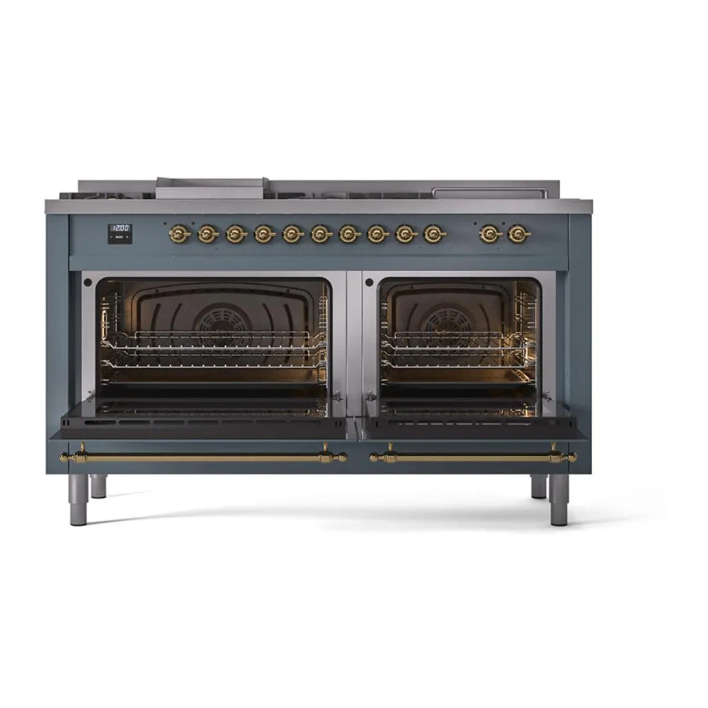 Ilve UN60FSNMPBGGLP Ilve Un60Fsnmpbgglp Nostalgie Ii Noblesse 60" Dual Fuel Range (7 Sealed Burners   Griddle   French Top, Liquid Propane, Triple Glass Door, Blue Grey, Brass)
