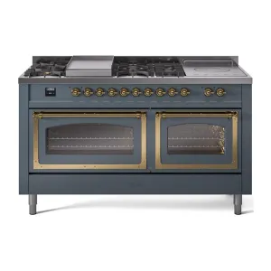 Ilve UN60FSNMPBGGLP Ilve Un60Fsnmpbgglp Nostalgie Ii Noblesse 60" Dual Fuel Range (7 Sealed Burners   Griddle   French Top, Liquid Propane, Triple Glass Door, Blue Grey, Brass)
