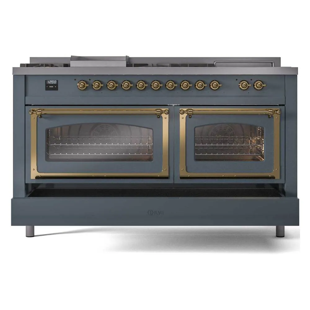 Ilve UN60FSNMPBGGLP Ilve Un60Fsnmpbgglp Nostalgie Ii Noblesse 60" Dual Fuel Range (7 Sealed Burners   Griddle   French Top, Liquid Propane, Triple Glass Door, Blue Grey, Brass)