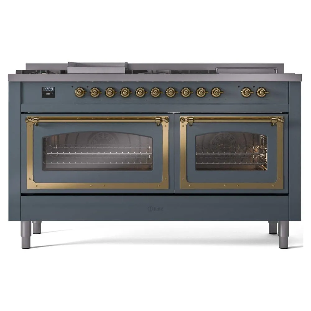 Ilve UN60FSNMPBGGLP Ilve Un60Fsnmpbgglp Nostalgie Ii Noblesse 60" Dual Fuel Range (7 Sealed Burners   Griddle   French Top, Liquid Propane, Triple Glass Door, Blue Grey, Brass)