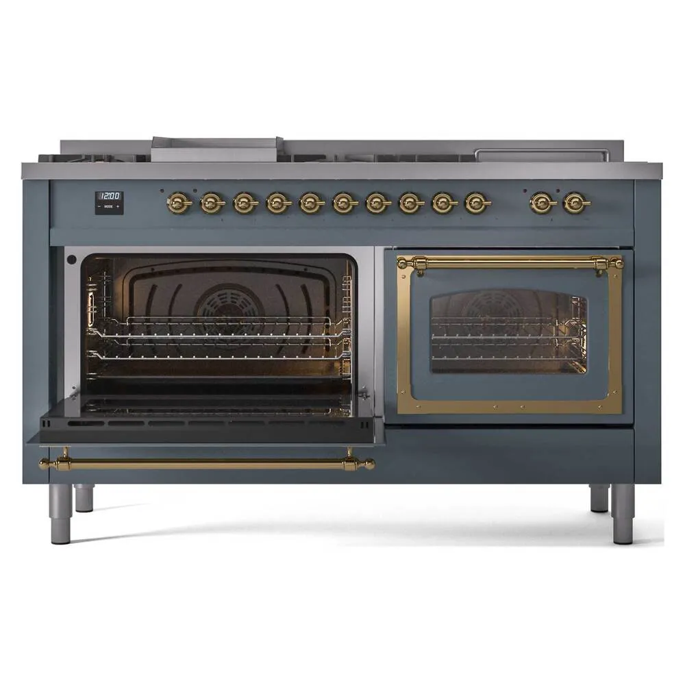 Ilve UN60FSNMPBGGLP Ilve Un60Fsnmpbgglp Nostalgie Ii Noblesse 60" Dual Fuel Range (7 Sealed Burners   Griddle   French Top, Liquid Propane, Triple Glass Door, Blue Grey, Brass)