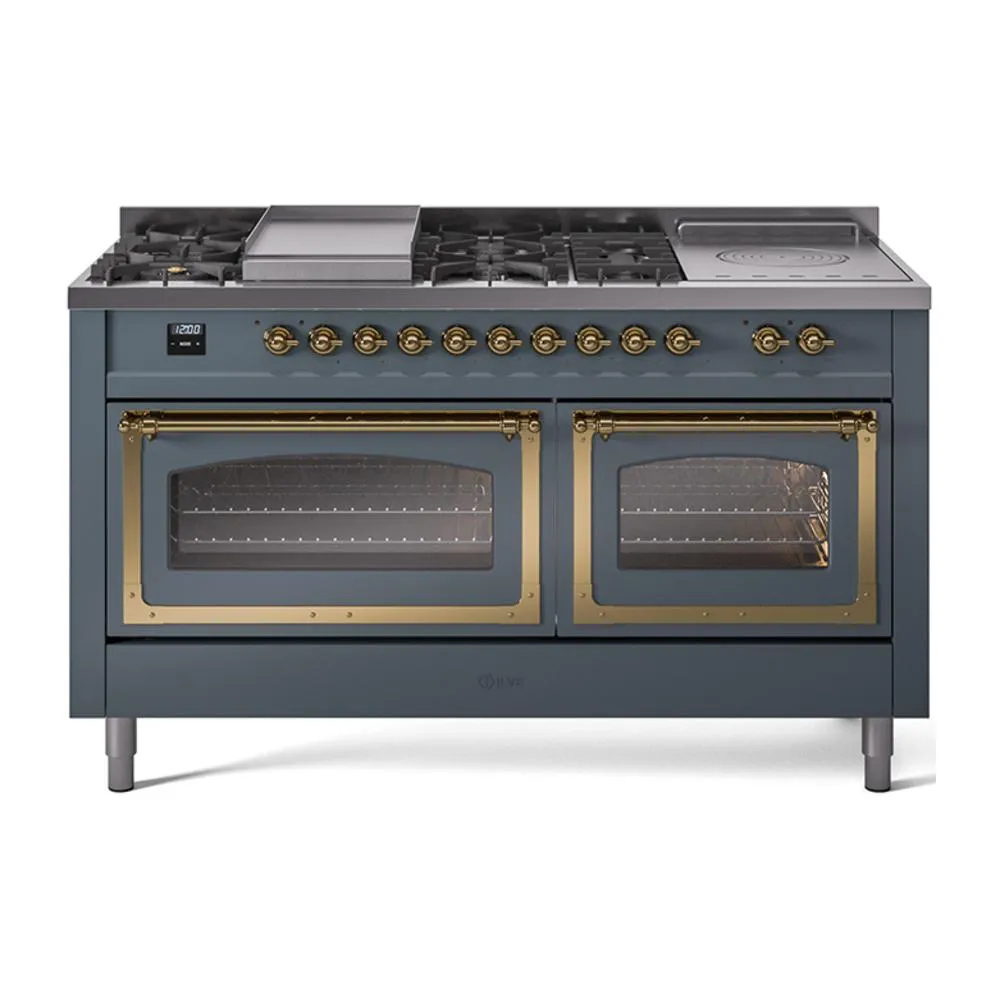 Ilve UN60FSNMPBGGLP Ilve Un60Fsnmpbgglp Nostalgie Ii Noblesse 60" Dual Fuel Range (7 Sealed Burners   Griddle   French Top, Liquid Propane, Triple Glass Door, Blue Grey, Brass)