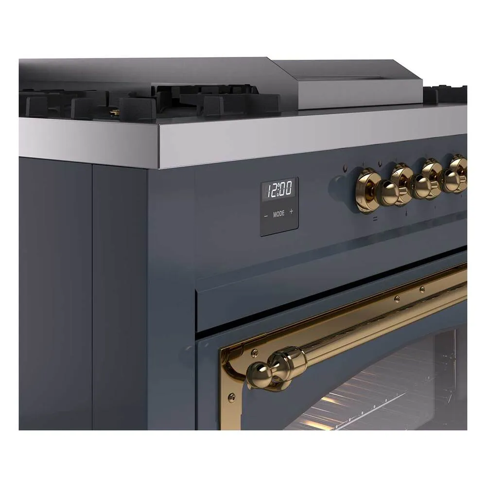 Ilve UN60FSNMPBGGLP Ilve Un60Fsnmpbgglp Nostalgie Ii Noblesse 60" Dual Fuel Range (7 Sealed Burners   Griddle   French Top, Liquid Propane, Triple Glass Door, Blue Grey, Brass)