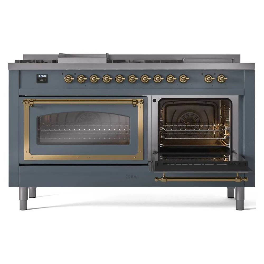 Ilve UN60FSNMPBGGLP Ilve Un60Fsnmpbgglp Nostalgie Ii Noblesse 60" Dual Fuel Range (7 Sealed Burners   Griddle   French Top, Liquid Propane, Triple Glass Door, Blue Grey, Brass)