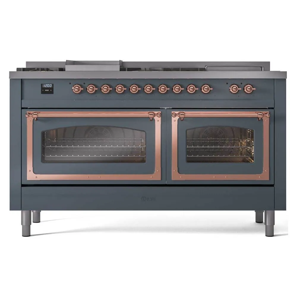 Ilve UN60FSNMPBGPLP Ilve Un60Fsnmpbgplp Nostalgie Ii Noblesse 60" Dual Fuel Range (7 Sealed Burners   Griddle   French Top, Liquid Propane, Triple Glass Door, Blue Grey, Copper)
