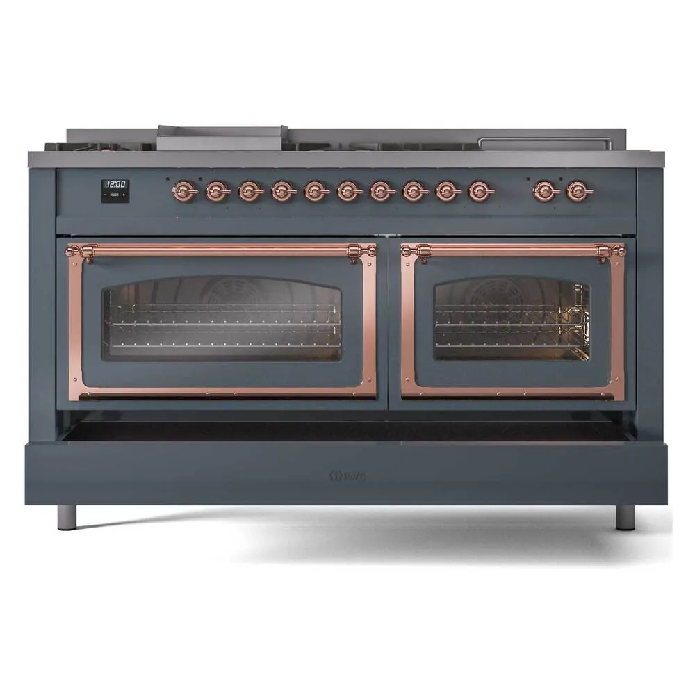 Ilve UN60FSNMPBGPLP Ilve Un60Fsnmpbgplp Nostalgie Ii Noblesse 60" Dual Fuel Range (7 Sealed Burners   Griddle   French Top, Liquid Propane, Triple Glass Door, Blue Grey, Copper)