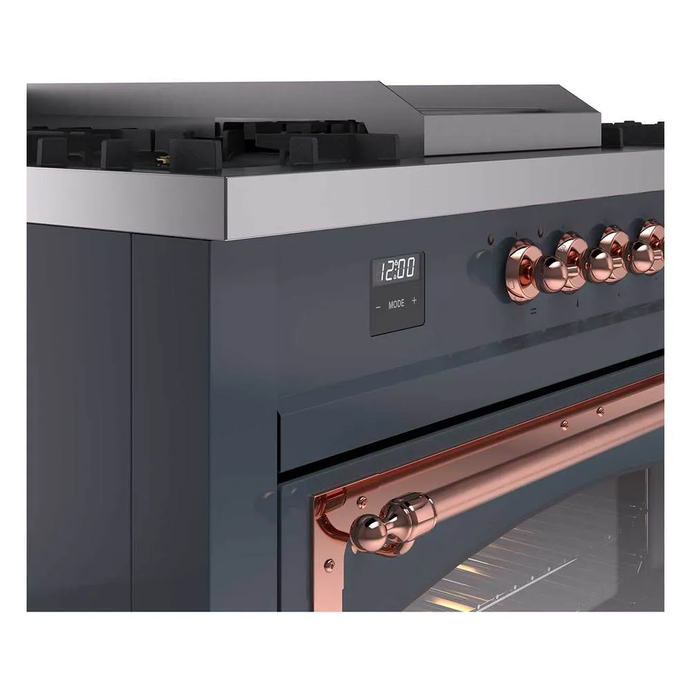 Ilve UN60FSNMPBGPLP Ilve Un60Fsnmpbgplp Nostalgie Ii Noblesse 60" Dual Fuel Range (7 Sealed Burners   Griddle   French Top, Liquid Propane, Triple Glass Door, Blue Grey, Copper)