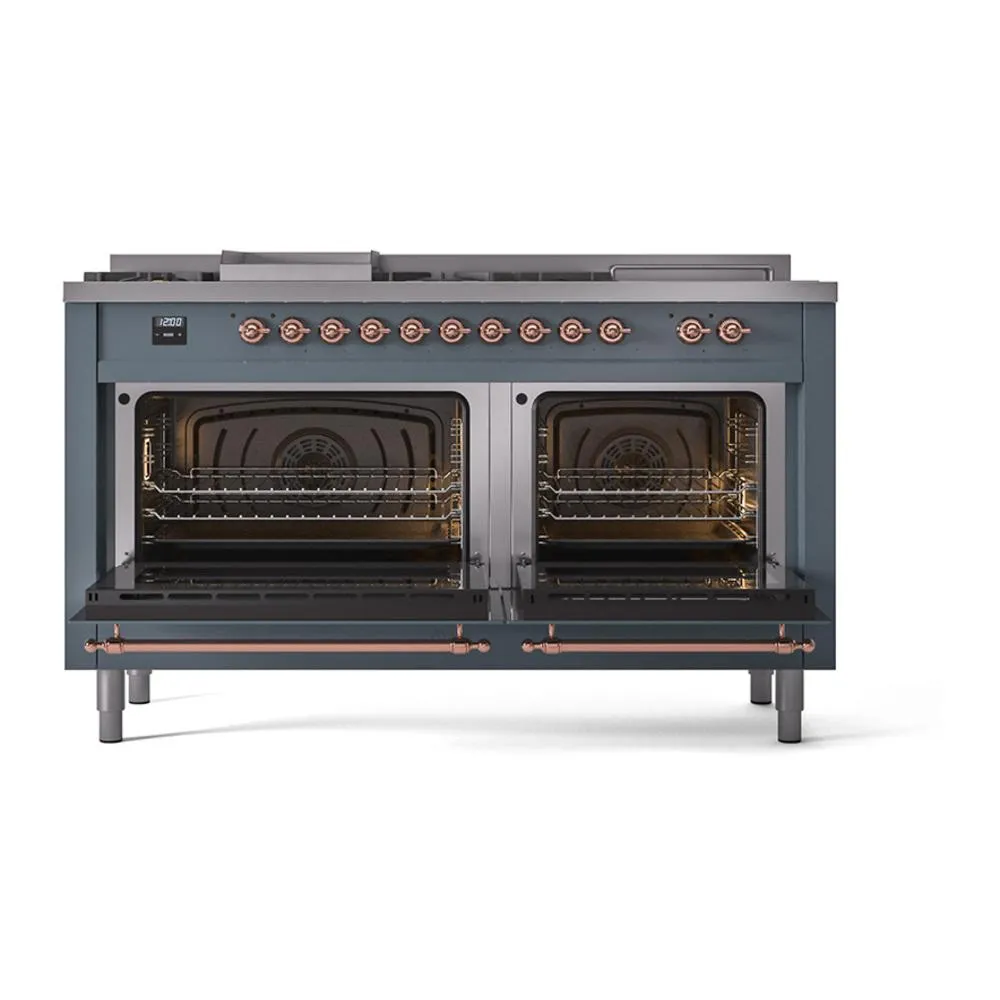 Ilve UN60FSNMPBGPLP Ilve Un60Fsnmpbgplp Nostalgie Ii Noblesse 60" Dual Fuel Range (7 Sealed Burners   Griddle   French Top, Liquid Propane, Triple Glass Door, Blue Grey, Copper)