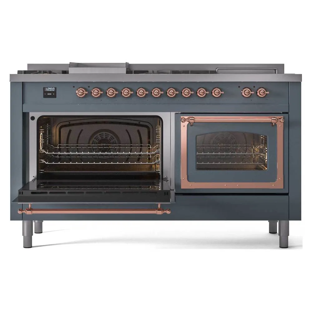 Ilve UN60FSNMPBGPLP Ilve Un60Fsnmpbgplp Nostalgie Ii Noblesse 60" Dual Fuel Range (7 Sealed Burners   Griddle   French Top, Liquid Propane, Triple Glass Door, Blue Grey, Copper)