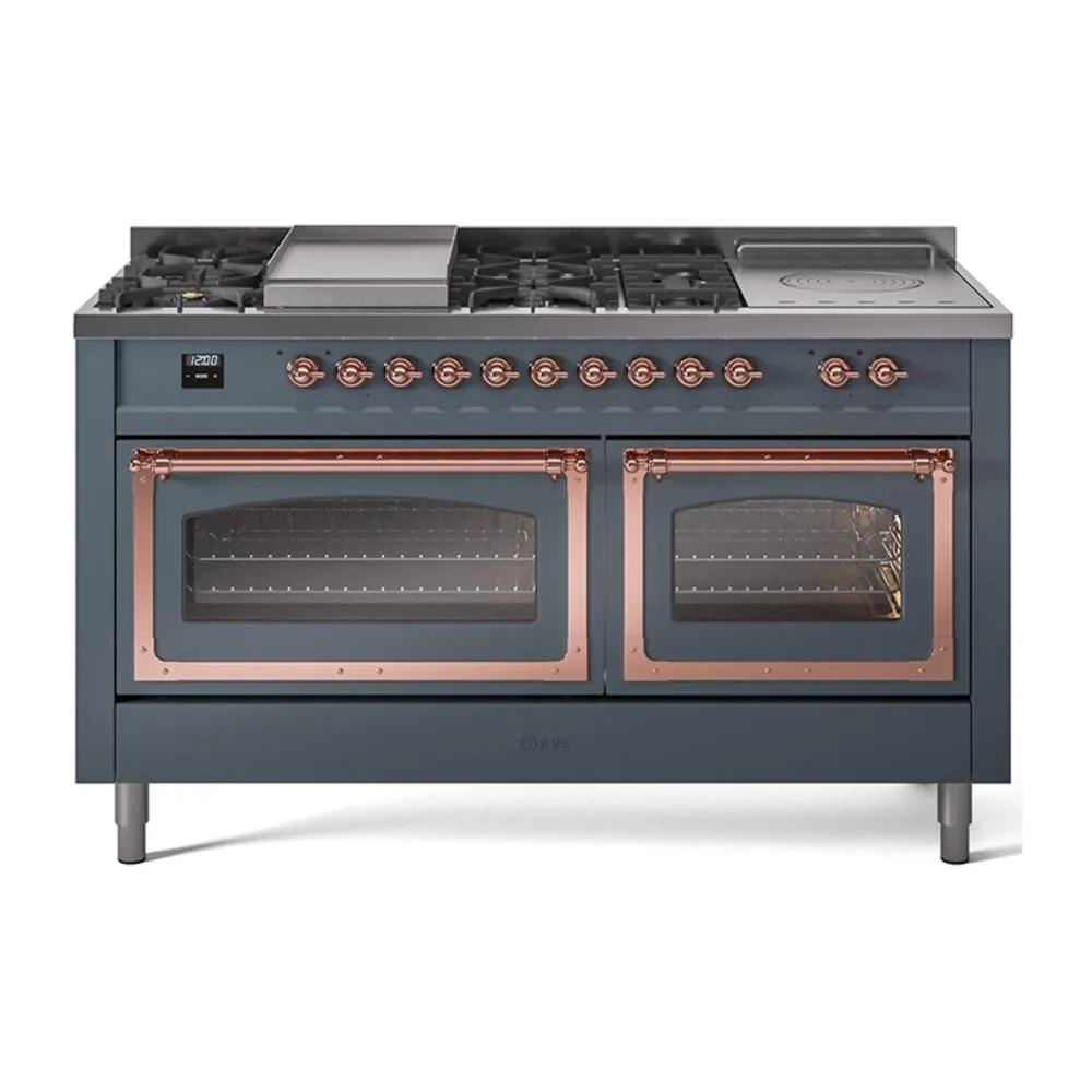 Ilve UN60FSNMPBGPLP Ilve Un60Fsnmpbgplp Nostalgie Ii Noblesse 60" Dual Fuel Range (7 Sealed Burners   Griddle   French Top, Liquid Propane, Triple Glass Door, Blue Grey, Copper)