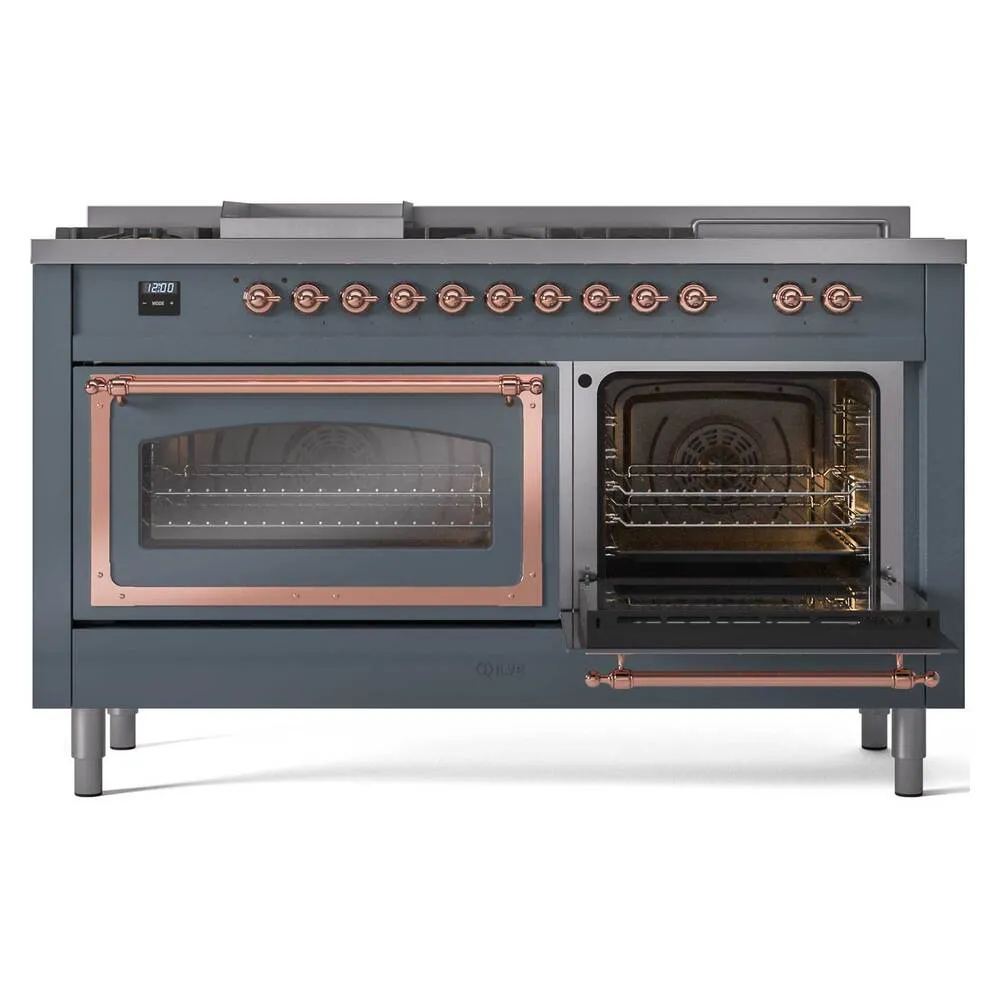 Ilve UN60FSNMPBGPLP Ilve Un60Fsnmpbgplp Nostalgie Ii Noblesse 60" Dual Fuel Range (7 Sealed Burners   Griddle   French Top, Liquid Propane, Triple Glass Door, Blue Grey, Copper)