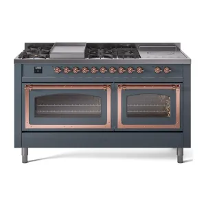 Ilve UN60FSNMPBGPLP Ilve Un60Fsnmpbgplp Nostalgie Ii Noblesse 60" Dual Fuel Range (7 Sealed Burners   Griddle   French Top, Liquid Propane, Triple Glass Door, Blue Grey, Copper)