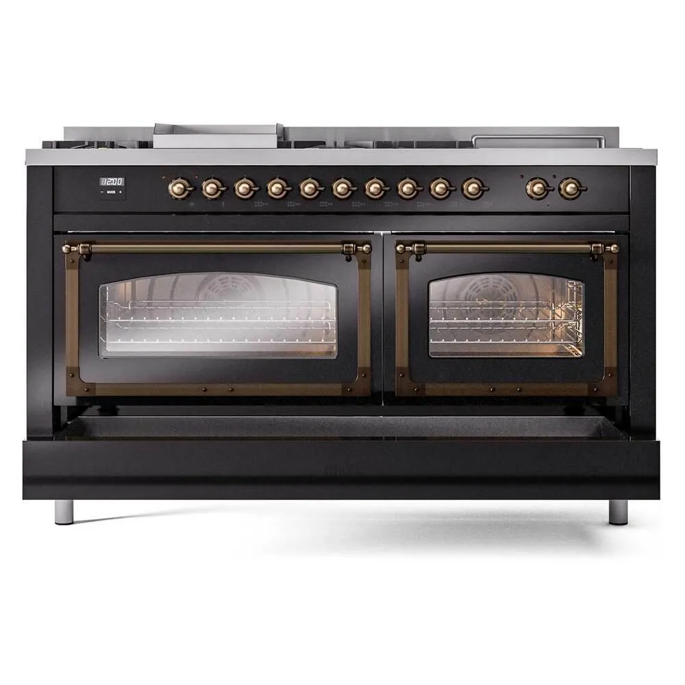 Ilve UN60FSNMPBKBLP Ilve Un60Fsnmpbkblp Nostalgie Ii Noblesse 60" Dual Fuel Range (7 Sealed Burners   Griddle   French Top, Liquid Propane, Triple Glass Door, Glossy Black, Burnished)