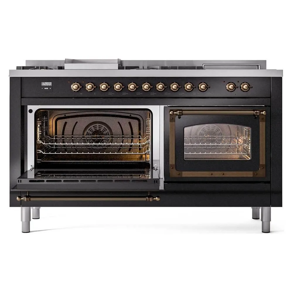 Ilve UN60FSNMPBKBLP Ilve Un60Fsnmpbkblp Nostalgie Ii Noblesse 60" Dual Fuel Range (7 Sealed Burners   Griddle   French Top, Liquid Propane, Triple Glass Door, Glossy Black, Burnished)