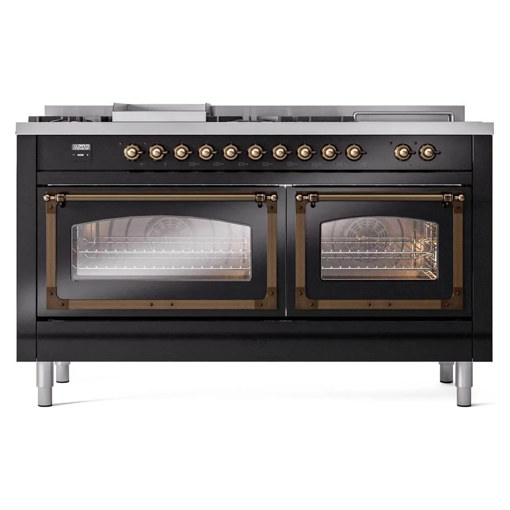 Ilve UN60FSNMPBKBLP Ilve Un60Fsnmpbkblp Nostalgie Ii Noblesse 60" Dual Fuel Range (7 Sealed Burners   Griddle   French Top, Liquid Propane, Triple Glass Door, Glossy Black, Burnished)