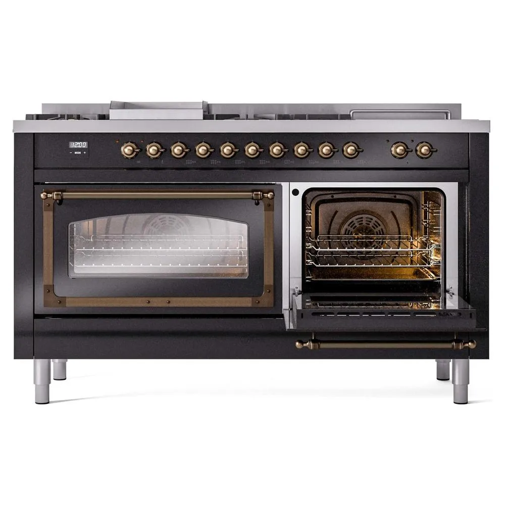 Ilve UN60FSNMPBKBLP Ilve Un60Fsnmpbkblp Nostalgie Ii Noblesse 60" Dual Fuel Range (7 Sealed Burners   Griddle   French Top, Liquid Propane, Triple Glass Door, Glossy Black, Burnished)