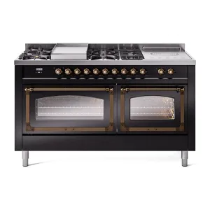 Ilve UN60FSNMPBKBLP Ilve Un60Fsnmpbkblp Nostalgie Ii Noblesse 60" Dual Fuel Range (7 Sealed Burners   Griddle   French Top, Liquid Propane, Triple Glass Door, Glossy Black, Burnished)