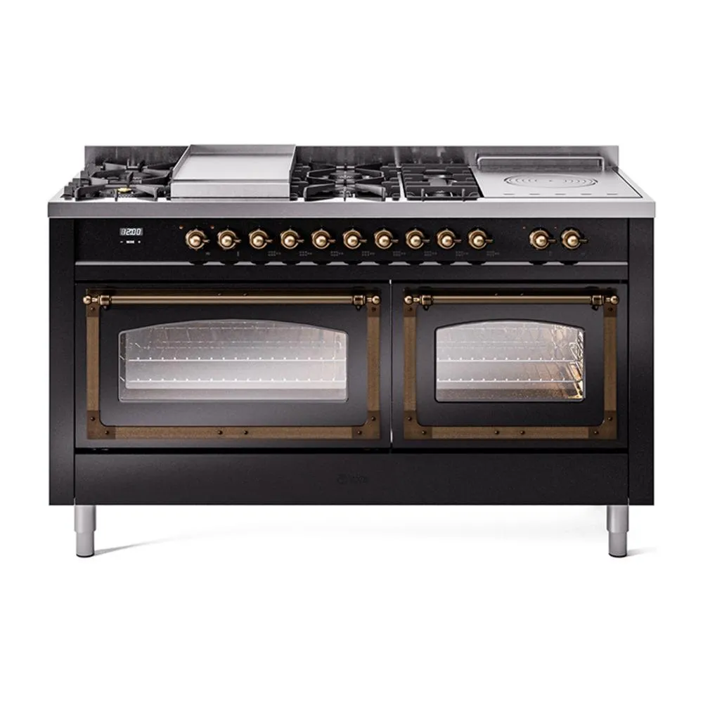 Ilve UN60FSNMPBKBLP Ilve Un60Fsnmpbkblp Nostalgie Ii Noblesse 60" Dual Fuel Range (7 Sealed Burners   Griddle   French Top, Liquid Propane, Triple Glass Door, Glossy Black, Burnished)