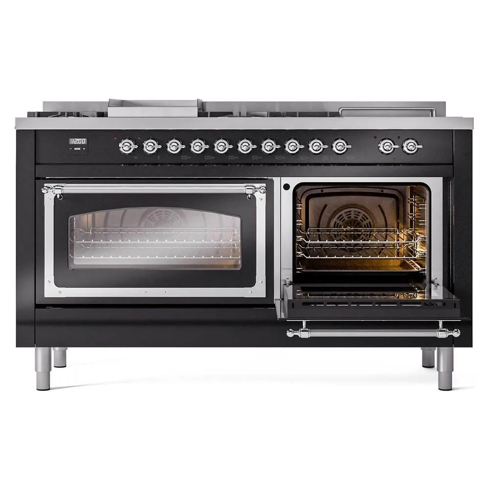 Ilve UN60FSNMPBKCLP Ilve Un60Fsnmpbkclp Nostalgie Ii Noblesse 60" Dual Fuel Range (7 Sealed Burners   Griddle   French Top, Liquid Propane, Triple Glass Door, Glossy Black, Chrome)