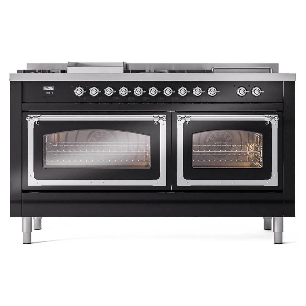 Ilve UN60FSNMPBKCLP Ilve Un60Fsnmpbkclp Nostalgie Ii Noblesse 60" Dual Fuel Range (7 Sealed Burners   Griddle   French Top, Liquid Propane, Triple Glass Door, Glossy Black, Chrome)