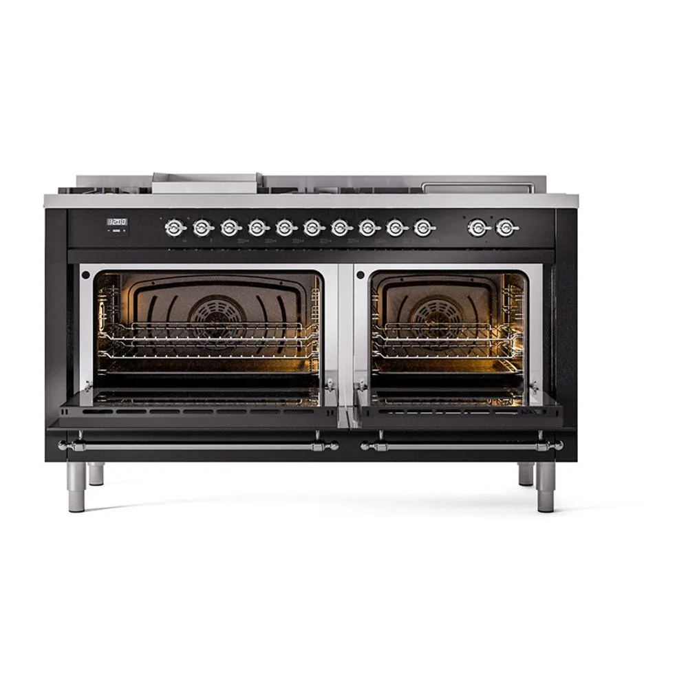 Ilve UN60FSNMPBKCLP Ilve Un60Fsnmpbkclp Nostalgie Ii Noblesse 60" Dual Fuel Range (7 Sealed Burners   Griddle   French Top, Liquid Propane, Triple Glass Door, Glossy Black, Chrome)