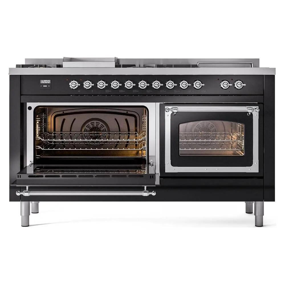 Ilve UN60FSNMPBKCLP Ilve Un60Fsnmpbkclp Nostalgie Ii Noblesse 60" Dual Fuel Range (7 Sealed Burners   Griddle   French Top, Liquid Propane, Triple Glass Door, Glossy Black, Chrome)