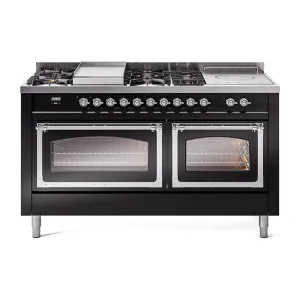 Ilve UN60FSNMPBKCLP Ilve Un60Fsnmpbkclp Nostalgie Ii Noblesse 60" Dual Fuel Range (7 Sealed Burners   Griddle   French Top, Liquid Propane, Triple Glass Door, Glossy Black, Chrome)
