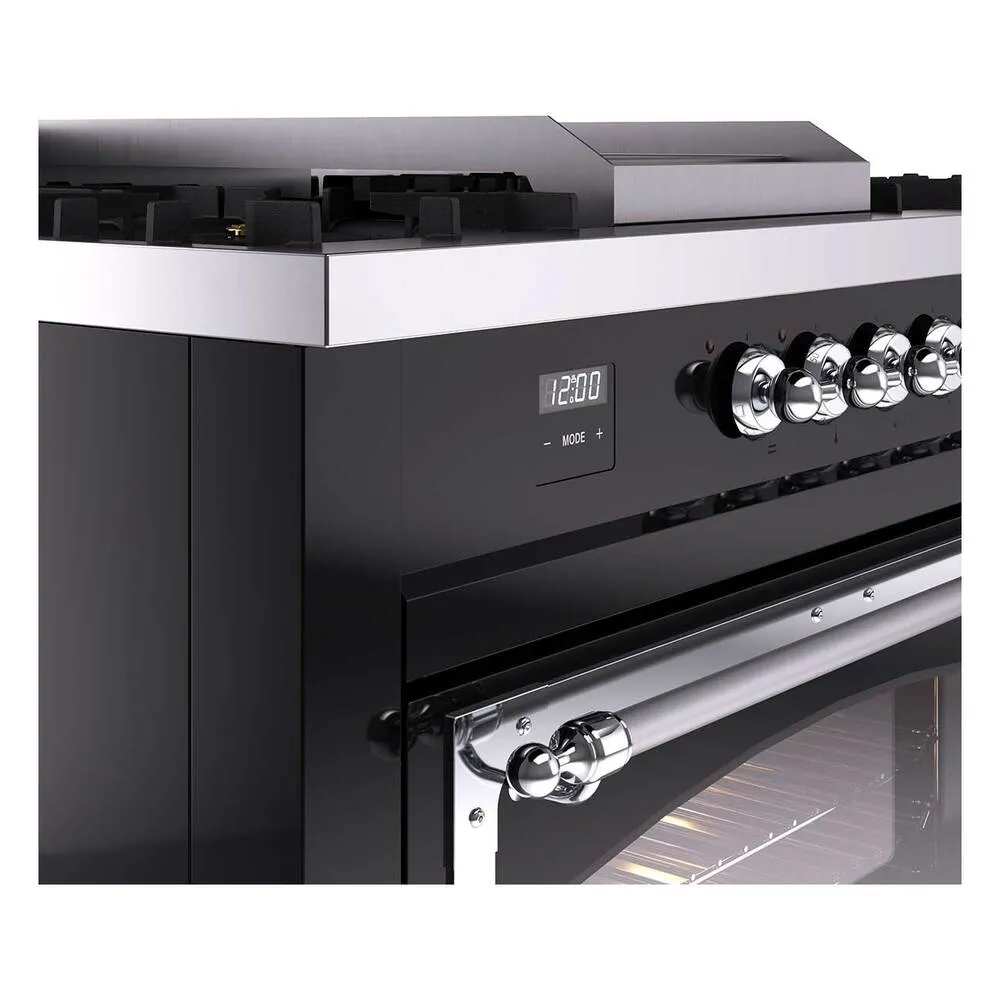 Ilve UN60FSNMPBKCLP Ilve Un60Fsnmpbkclp Nostalgie Ii Noblesse 60" Dual Fuel Range (7 Sealed Burners   Griddle   French Top, Liquid Propane, Triple Glass Door, Glossy Black, Chrome)