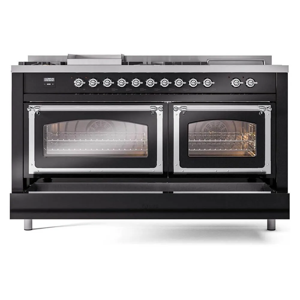 Ilve UN60FSNMPBKCLP Ilve Un60Fsnmpbkclp Nostalgie Ii Noblesse 60" Dual Fuel Range (7 Sealed Burners   Griddle   French Top, Liquid Propane, Triple Glass Door, Glossy Black, Chrome)