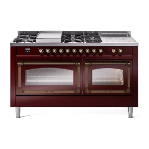 Ilve UN60FSNMPBUB Ilve Un60Fsnmpbub Nostalgie Ii Noblesse 60" Dual Fuel Range (7 Sealed Burners   Griddle   French Top, Natural Gas, Triple Glass Door, Burgundy, Burnished)